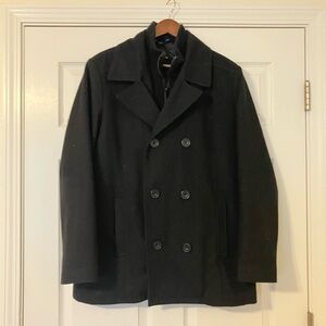 Kenneth Cole Wool Blend Black Peacoat Double Breasted Buttons and Zipper L